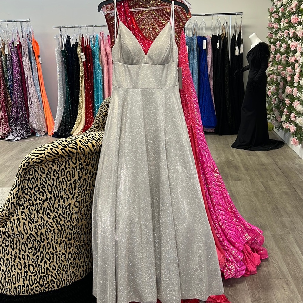 NWT Betsy Adam blush silver prom gown